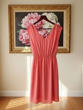 Alya Coral Peach Pleated V‑Neck Short Sleeve Fit & Flare Mini Dress Size Small